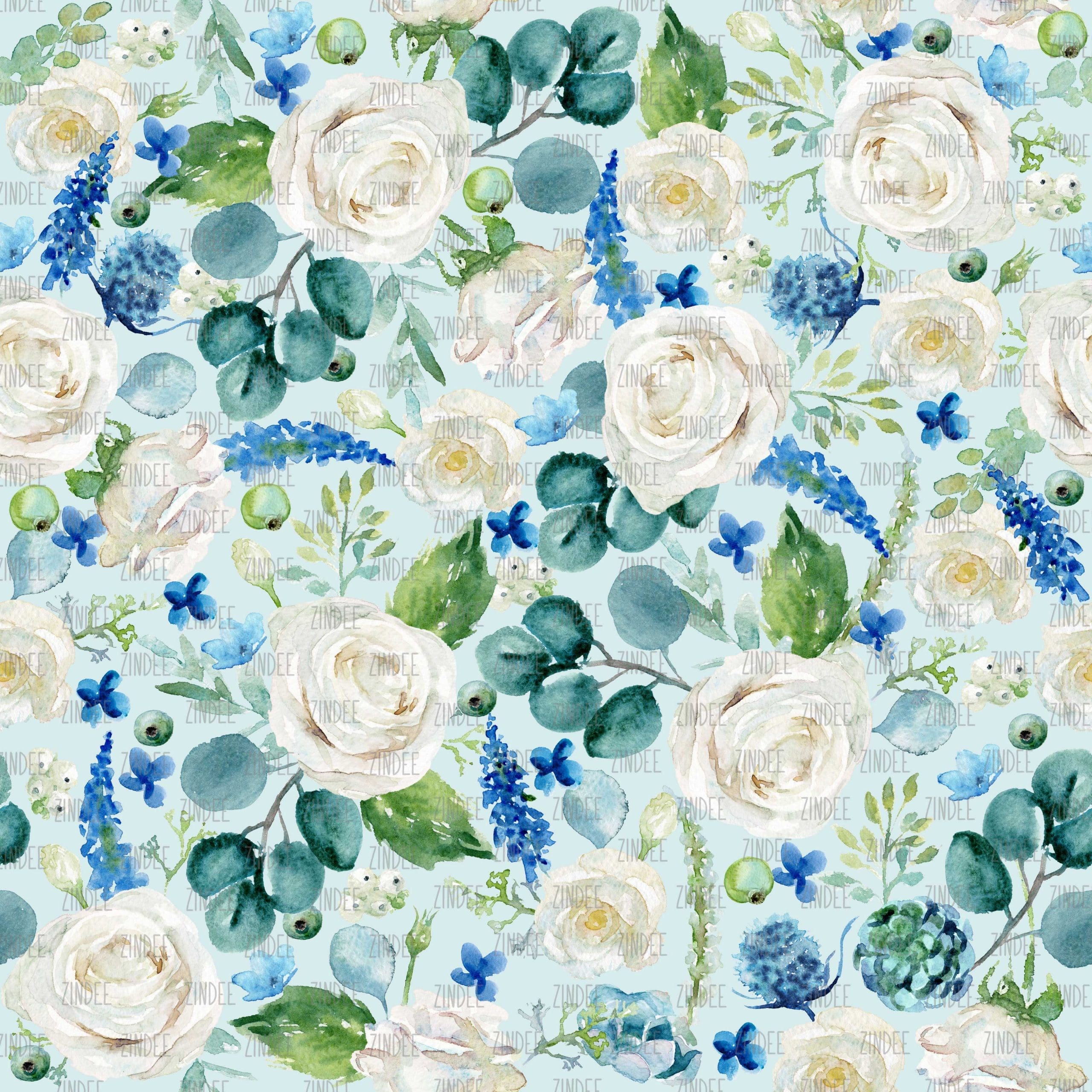 Watercolor Blue Floral Light Blue seamless (digital paper)
