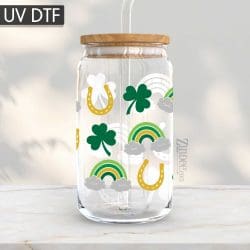 Rainbows Shamrocks and Horseshoes UV DTF Glass Can Wrap