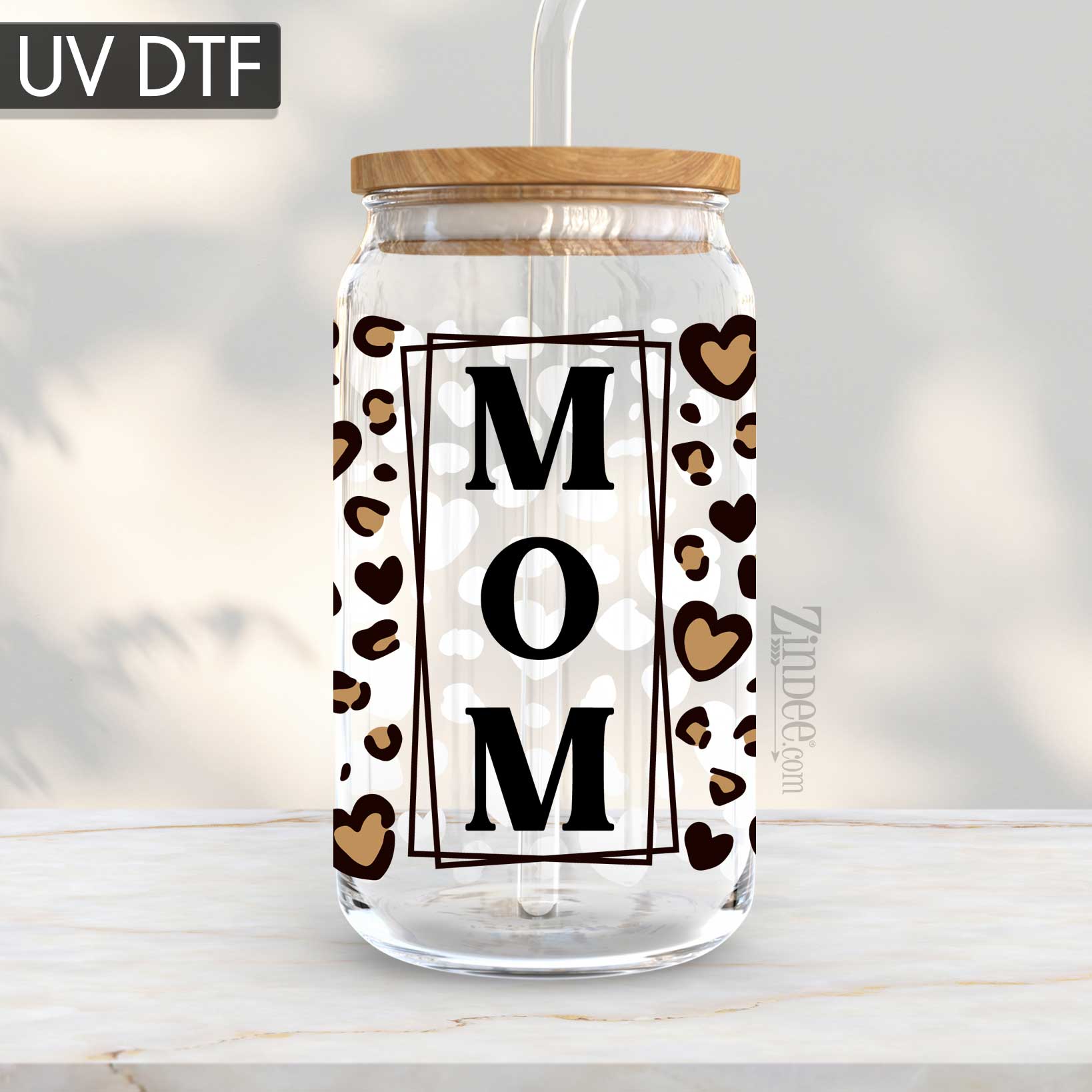 Mom Heart Leopard UV DTF Glass Can Wrap