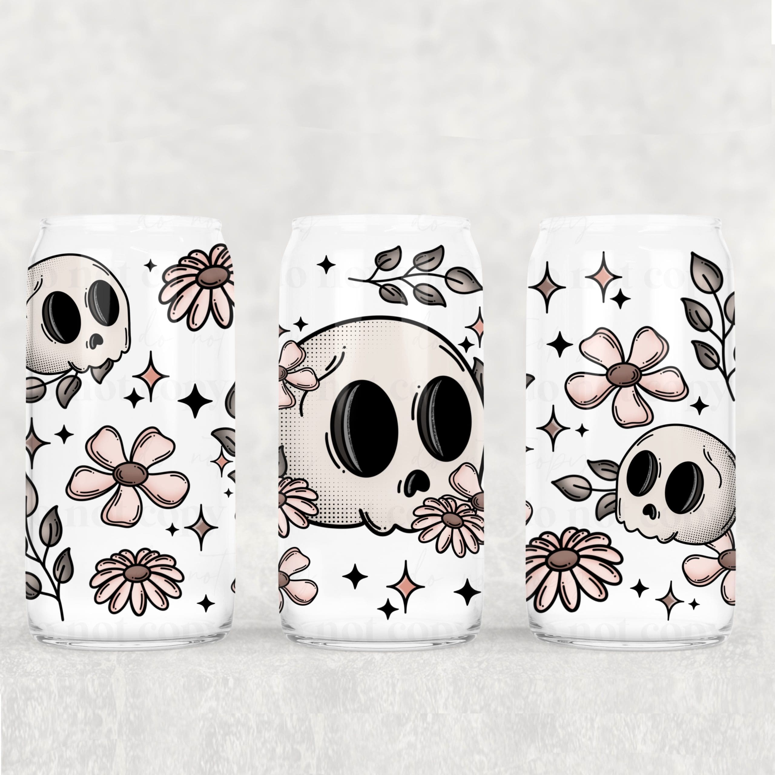 Pink Floral Skellie UV DTF Glass Can Wrap