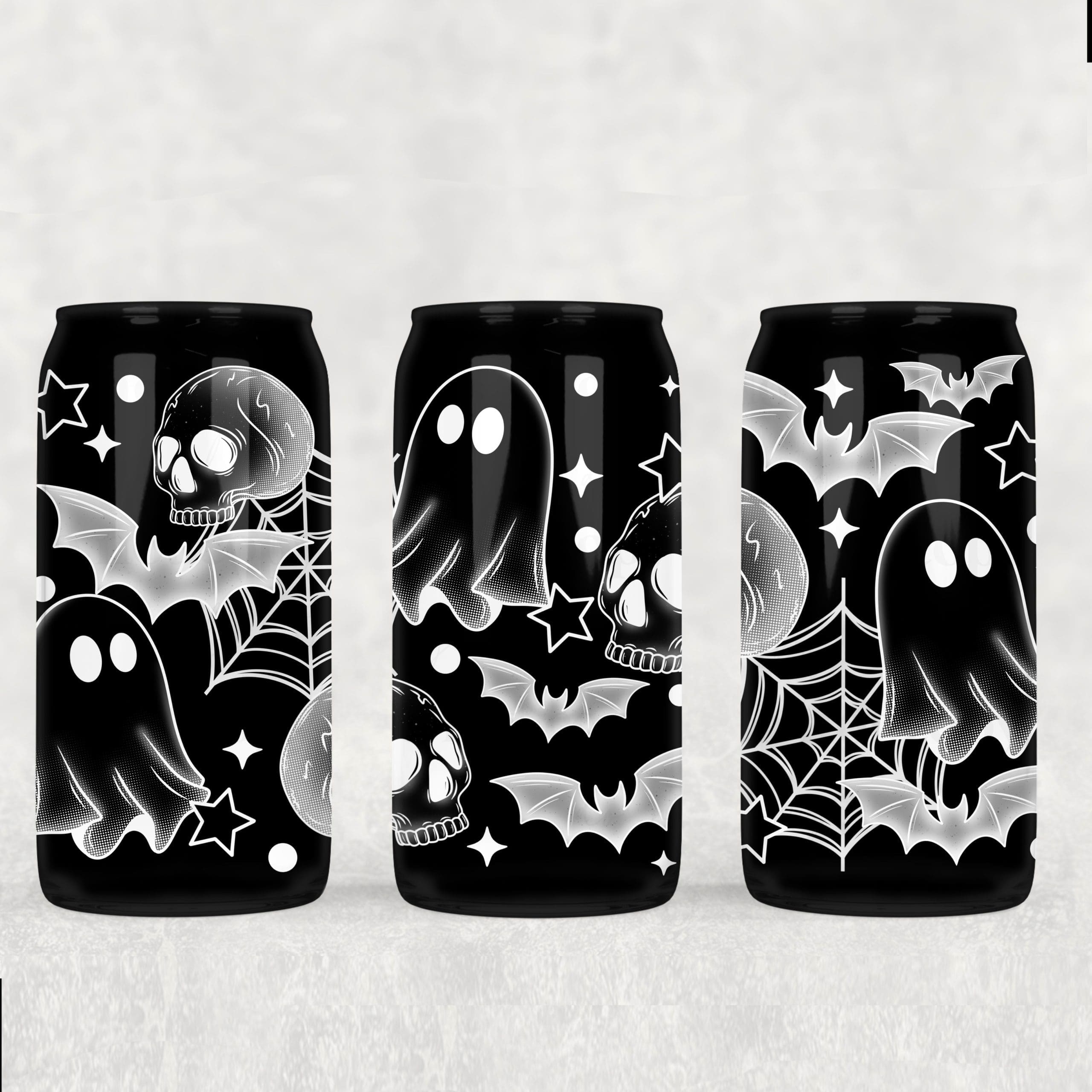 Monochrome Spooky White UV DTF Glass Can Wrap