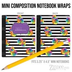 Black White Stripe Colorful Roses – Mini Composition Notebook Wrap (3.25" x 4.5") | Vinyl Notebook Cover