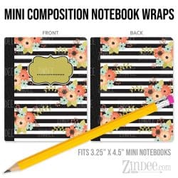Black White Stripe Floral Coral – Mini Composition Notebook Wrap (3.25" x 4.5") | Vinyl Notebook Cover